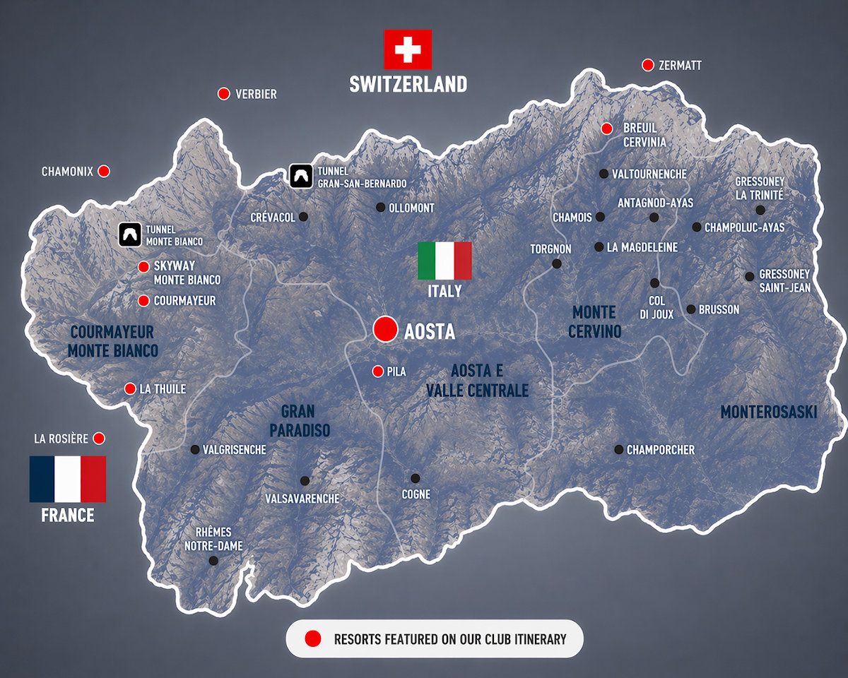 Aosta Ski/Ride Agenda map showing resorts featured on our club itinerary including Aosta, Pila, Courmayeur, Cervinia, La Thuile, Zermatt, Verbier, Chamonix and La Rosière
