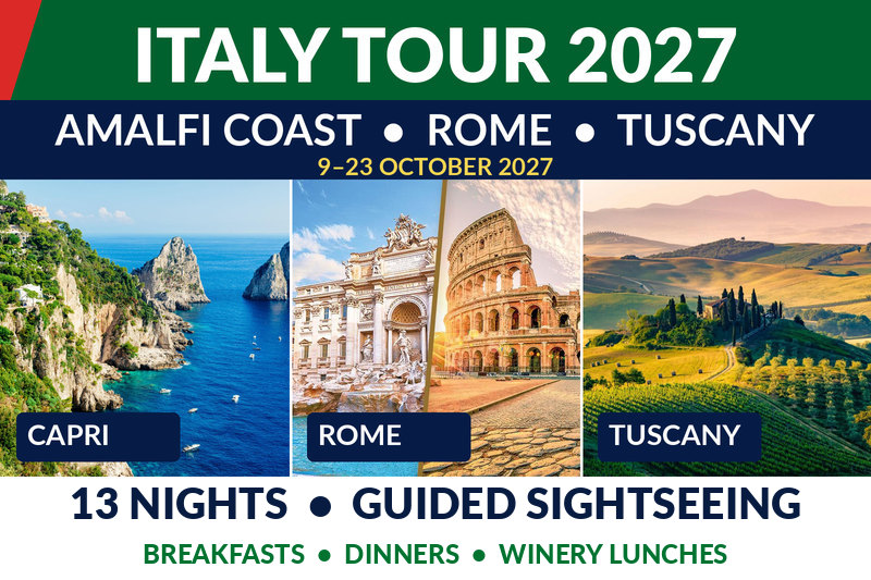 Italy Tour 2027: Amalfi Coast, Rome and Tuscany. 13 nights with guided sightseeing, Capri, Pompeii, Vatican Museums, Siena, Florence and Cinque Terre