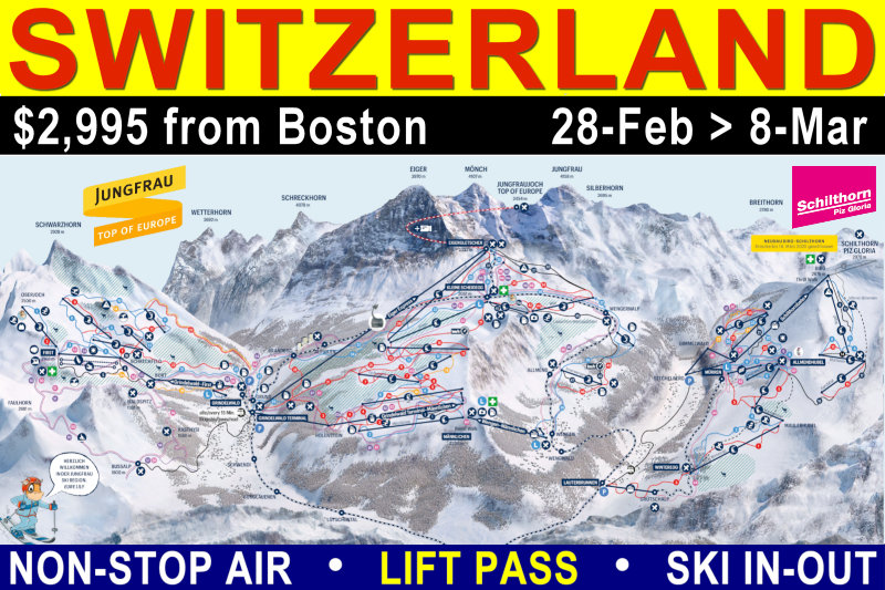 Switzerland, Murren: 25-Feb to 8-Mar, 2026
Ski/Ride Eiger, Mönch, and Jungfrau Switzerlanf!