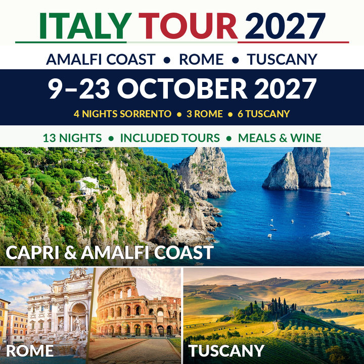 Italy Tour 2027: Amalfi Coast, Rome and Tuscany. 13 nights with guided sightseeing, Capri, Pompeii, Vatican Museums, Siena, Florence and Cinque Terre